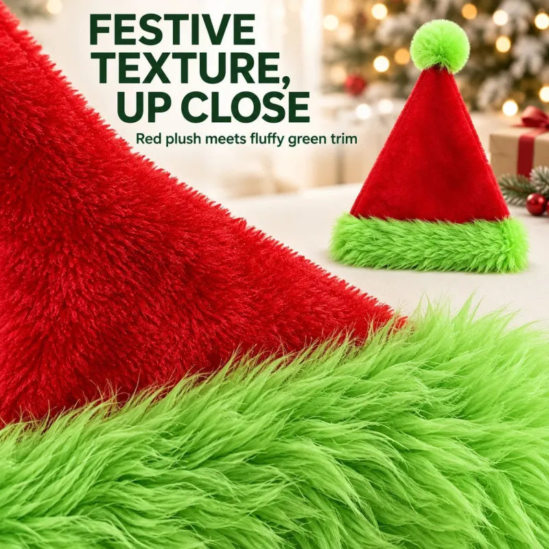 Fluffy Red & Green Santa Hat Double-Layer Plush Christmas Hat with Optional Embroidered Emoji for Adults & Kids
