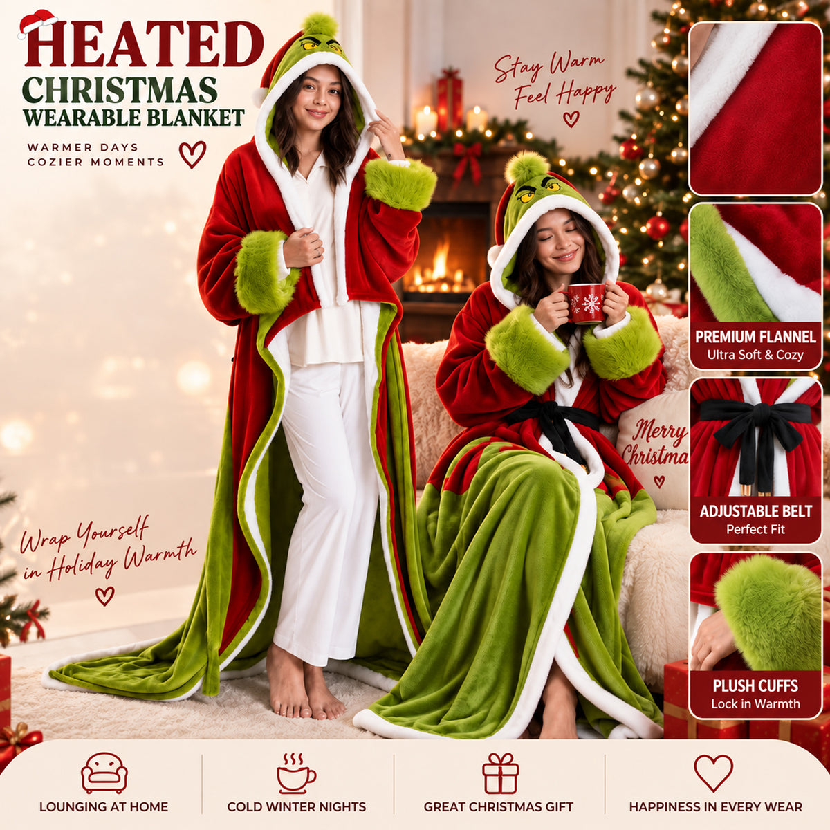 Christmas Heated Wearable Blanket for Adults USB Powered Heated Cozy Blanket Oversized Winter Loungewear Gift