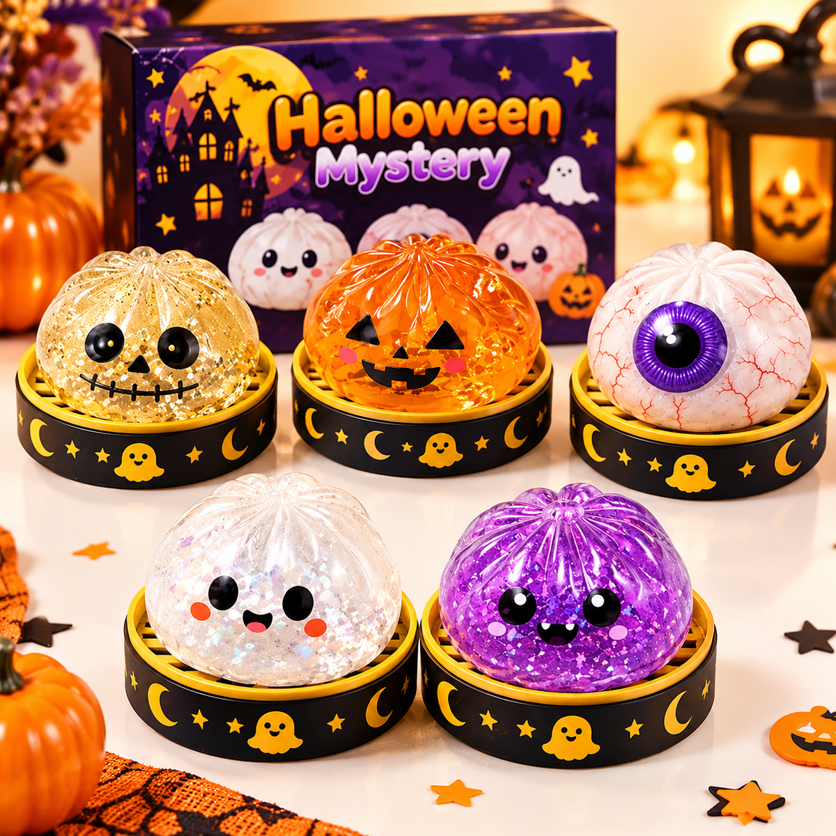 Halloween Ghost Squishy Toys, Cute Dumpling Stress Relief Squeeze Toys Gift Set for Kids & Halloween Party Favors