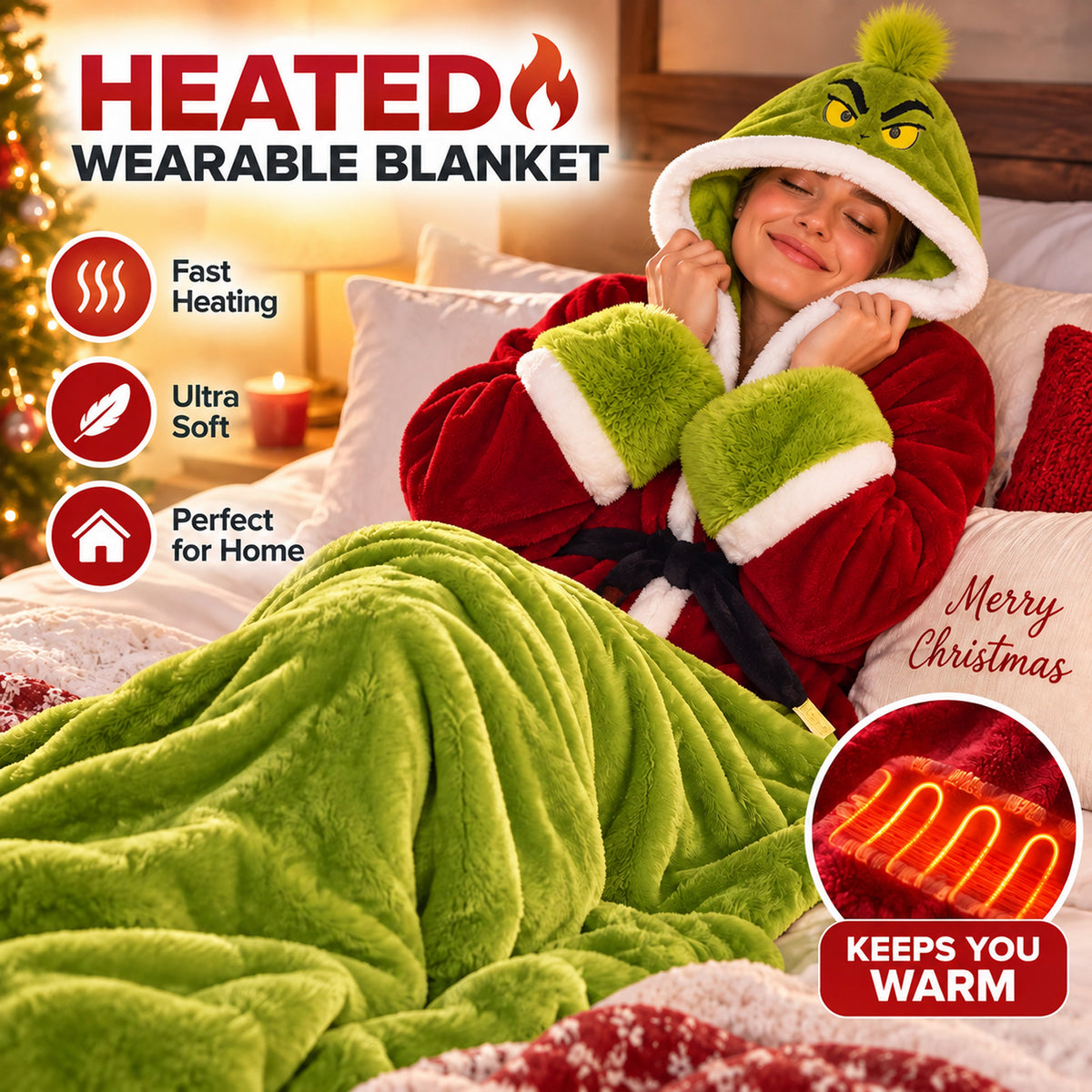 Christmas Heated Wearable Blanket for Adults USB Powered Heated Cozy Blanket Oversized Winter Loungewear Gift