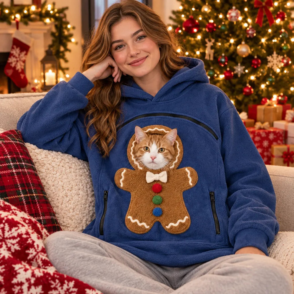 Christmas Pet Pouch Hoodie for Women Sherpa Cat Dog Carrier Sweatshirt Gingerbread Snowman Holiday Gift