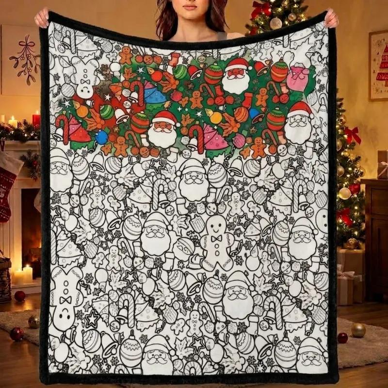 Christmas DIY Coloring Blanket with 24 Markers Fuzzy Velvet Color Your Own Art Blanket for Kids and Adults