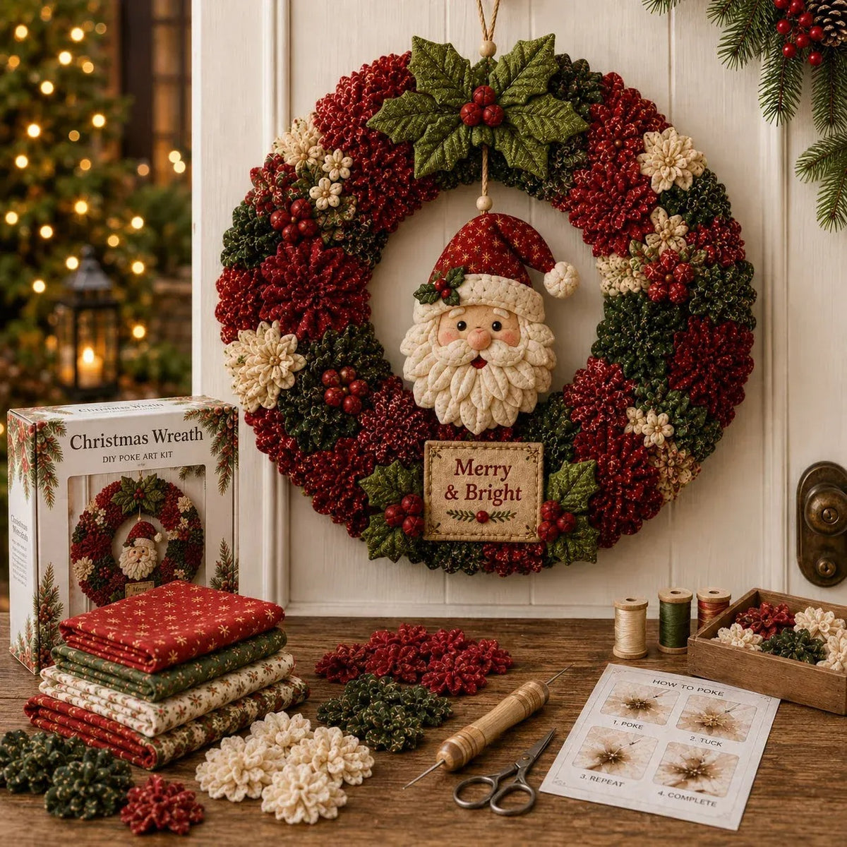 Christmas Punch Needle Wreath DIY Kit 3D Handmade Holiday Wreath Craft Kit for Beginners & Adults