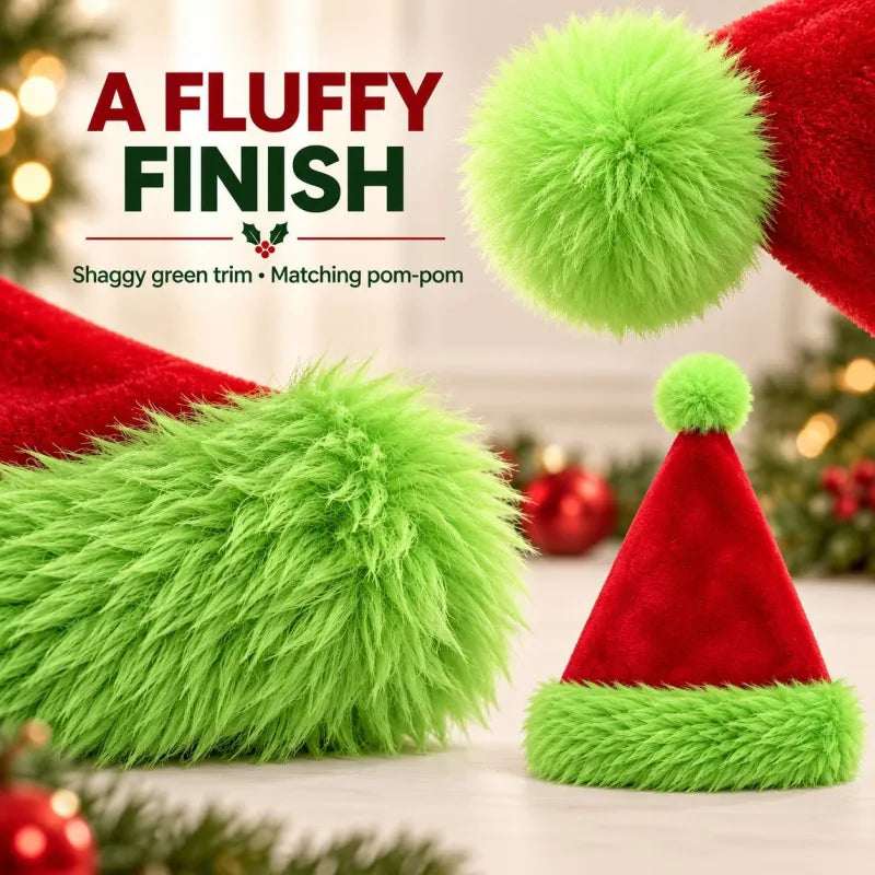 Fluffy Red & Green Santa Hat Double-Layer Plush Christmas Hat with Optional Embroidered Emoji for Adults & Kids
