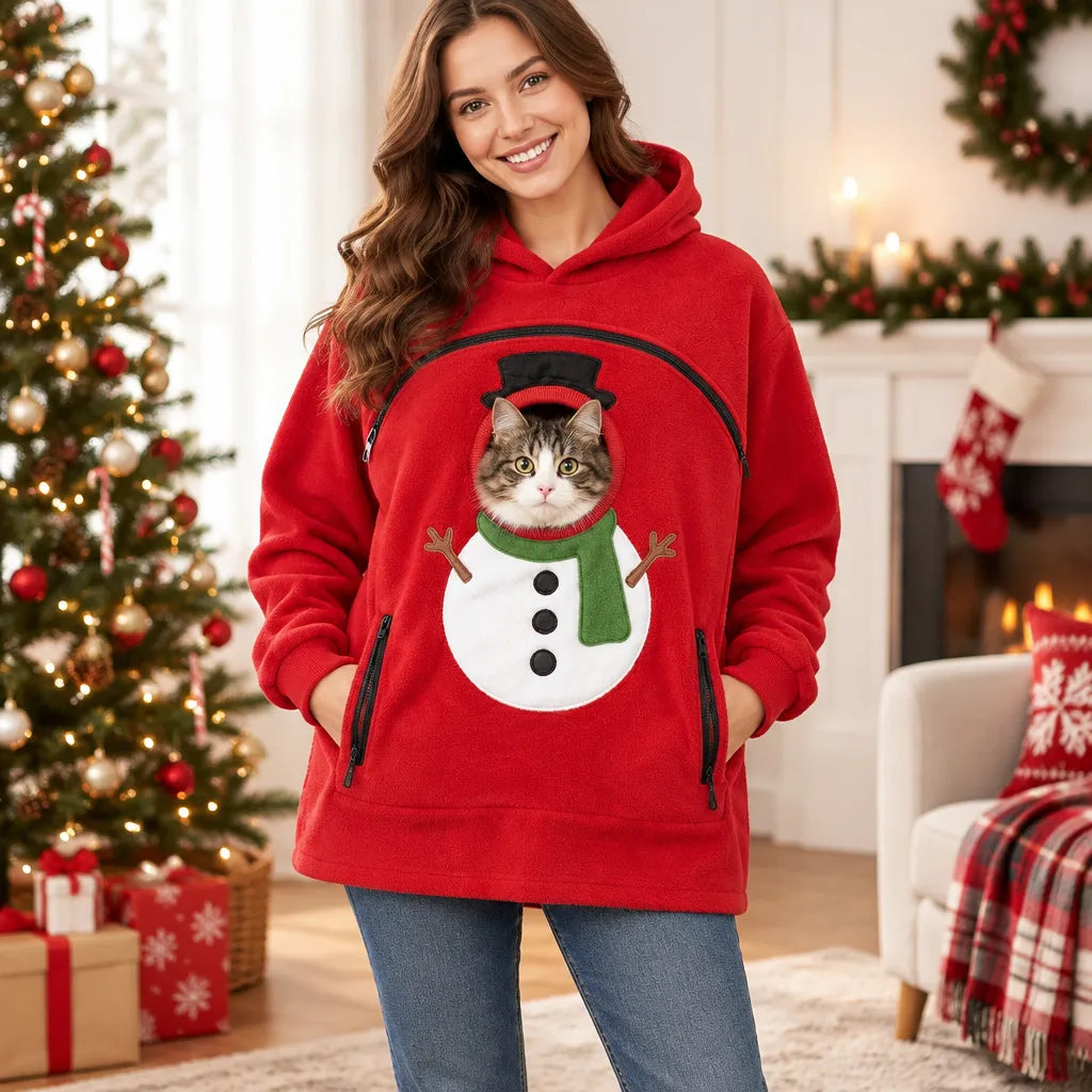 Christmas Pet Pouch Hoodie for Women Sherpa Cat Dog Carrier Sweatshirt Gingerbread Snowman Holiday Gift
